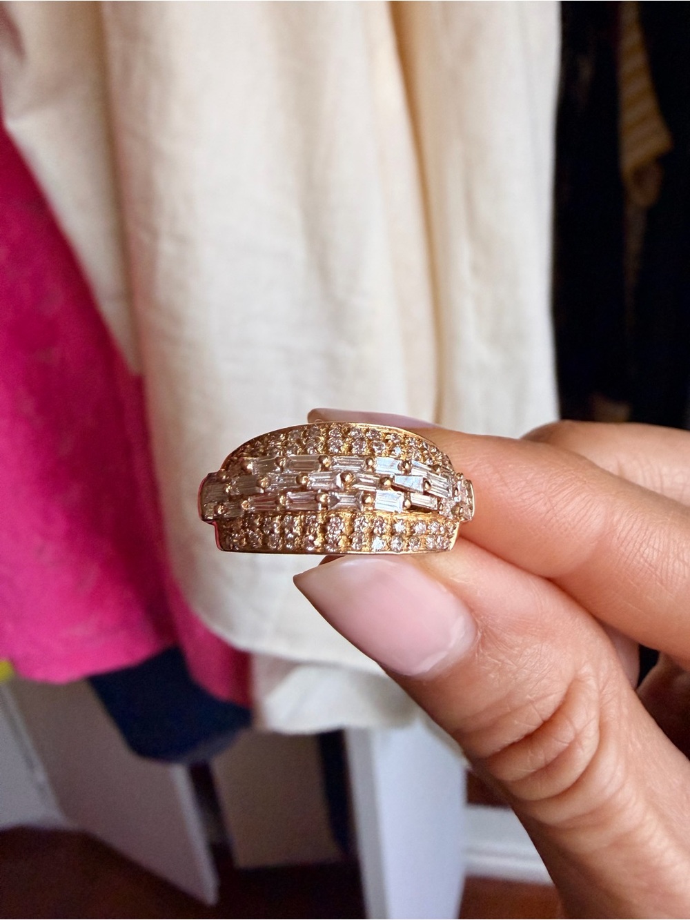 14k yellow gold and small baguette diamonds and round melee diamonds